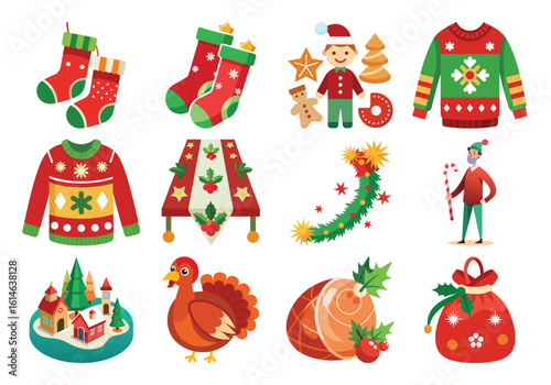 A Vector Cheerful Christmas Icons: Festive Red and Green Flat Design Elements for Holiday Celebrations. on white background 