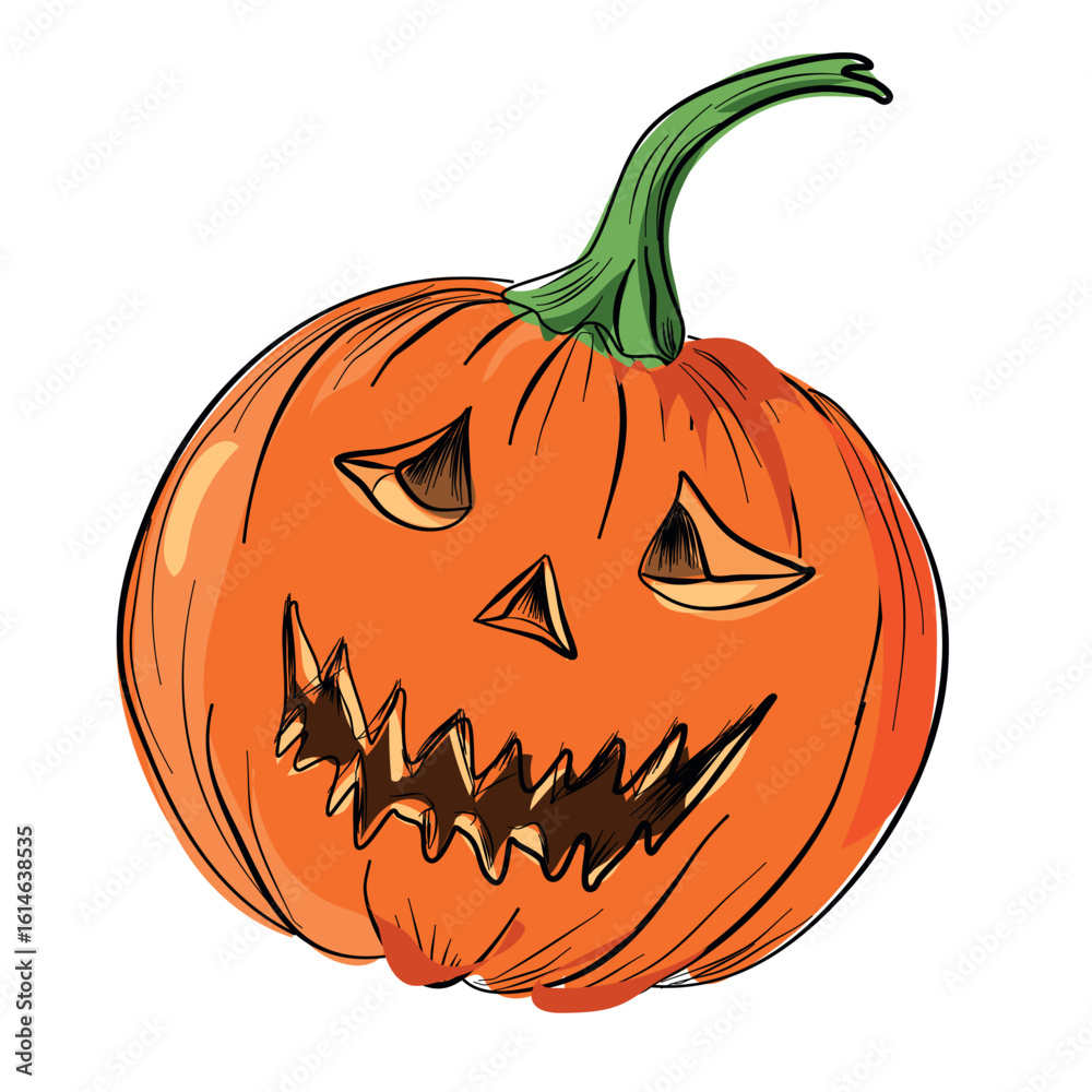 Fototapeta premium Halloween pumpkin with carved face hand drawn illustration