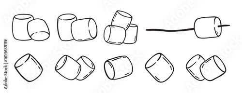 Marshmallows doodle hand drawn icon set. Outline drawing marshmallow line clipart symbol collection