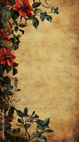 Floral Border on Antique Paper Texture with Red and Blue Flowers