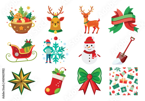 A Vector Cheerful Christmas Icons: Flat Design, Festive Holiday Graphics, Winter Season Elements. on white background 