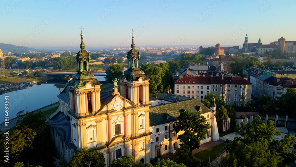 Fototapeta premium Drone view of European city tourism old town Krakow Poland