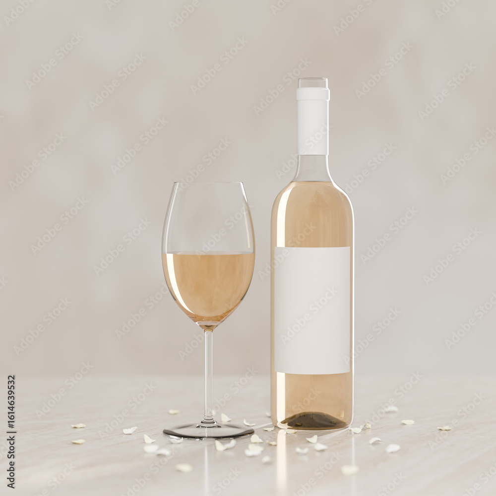 A Glass and Bottle of White Wine, on a Marble Desk, With Scattered Petals, Plain Mockup Label A Glass and Bottle of White Wine, on a Marble Desk, With Scattered Petals, Plain Mockup Label