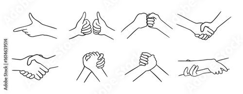 Friendship hand gesture doodle hand drawn icon set. Best friends Outline drawing friendship hand gesture line clipart symbol collection