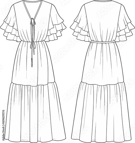 Women's maxi dress flat sketch, layered ruffle sleeve, drawstring waist design, front and back technical view, fashion cad vector illustration
