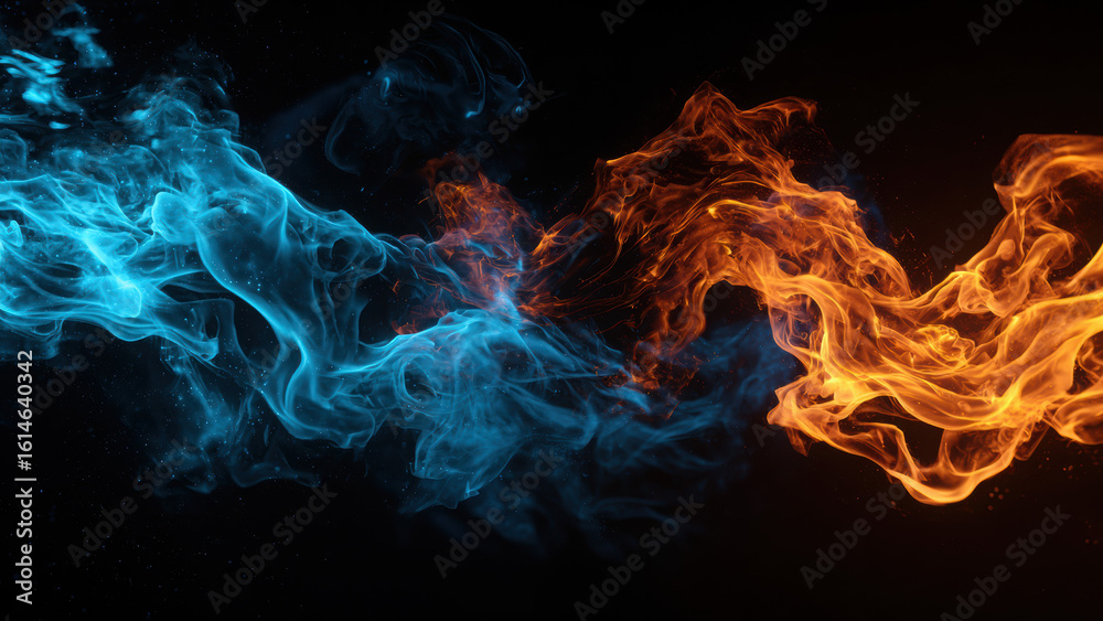 Fototapeta premium Close-up of blue and orange flames in dark background