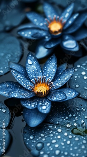 Blue Water Lily Blossom with Water Droplets on Petals