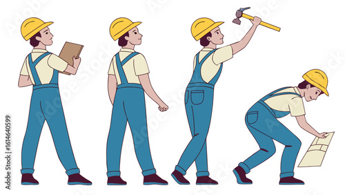 Four stages of a construction worker: blueprint, walking, hammering, and laying tiles, all in one image
