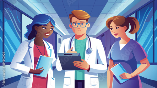 Diverse medical team collaborating in hospital corridor