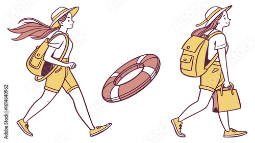 Two girls with backpacks and a life preserver ready for summer vacation adventures on a sunny day trip