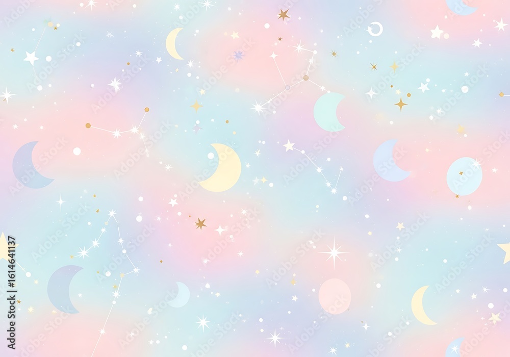 Fototapeta premium Dreamy celestial pattern with pastel colors, moons, stars and constellations design