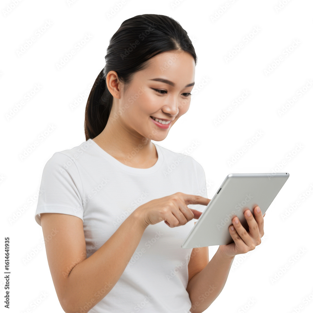 Fototapeta premium Young asian woman wearing a white t shirt interacting with a digital tablet device isolated on transparent background