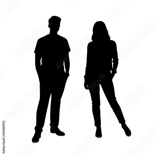 Silhouette of a man and woman standing side by side against a white background.