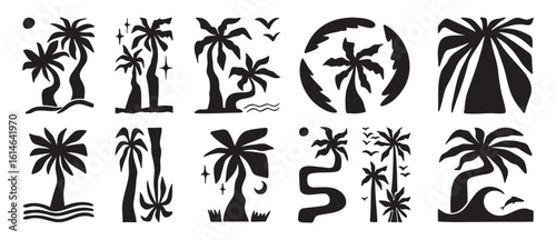 Doodle hand drawn palms boho trendy bold silhouette elements, hippie palm tree poster icon set