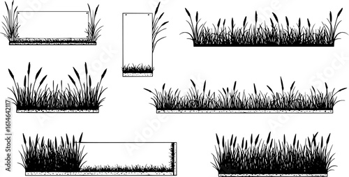 Silhouette grass with spikelet collection. Set of hand drawn beach grass line cad. Illustration for elevation architectural element, side view, grass section. Turf coating banners for edging