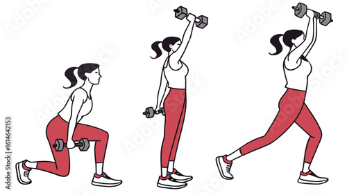 Woman demonstrating three stages of a fitness exercise with dumbbells in a cartoon style illustration