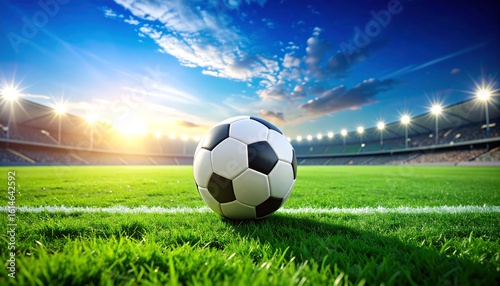 Soccer ball on a stadium field at sunset
