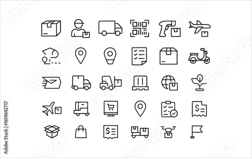 Courier, Package, Tracking & Freight - 30 Delivery & Logistics Clean Line Icons