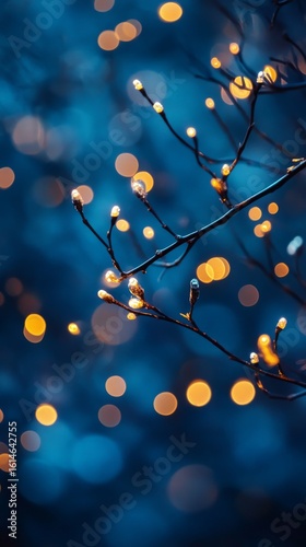 Branches with Buds and Bokeh Lights on Dark Blue Background