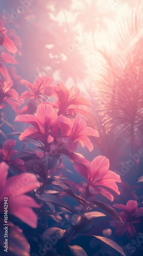 Blooming Pink Flowers with Palm Trees and Dreamy Soft Light