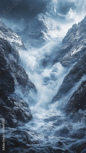 Snowy Mountain Avalanche Cascading Down a Steep Valley