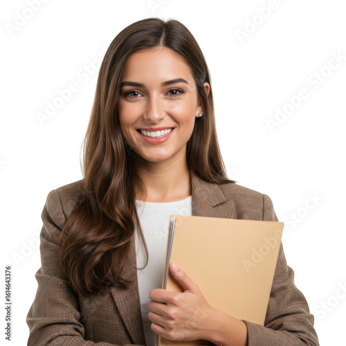 Smiling young professional woman wearing a blazer holding a folder isolated on transparent background