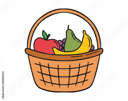 fruit basket icon doodle hand drawn. Cartoon colorful fruit basket line drawing clipart symbol