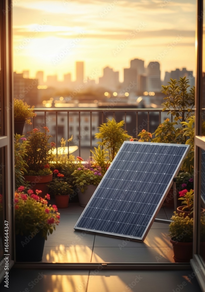 Fototapeta premium Solar panel on apartment balcony with city view at sunset