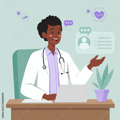 Cheerful dark skinned female doctor in white lab coat with a stethoscope, gesturing toward digital medical icons. Healthcare, telemedicine, and medical technology themes. Doctor in the office.