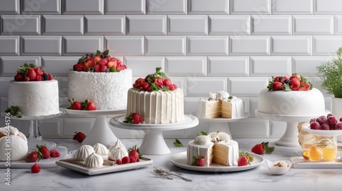 Wallpaper Mural A selection of elegant cakes topped with fresh red berries sits in front of glossy white tiles, evoking freshness, premium quality, and modern dessert aesthetics.
เค้กหลากชนิดตกแต่งด้วยผลไม้สีแดงสด วา Torontodigital.ca