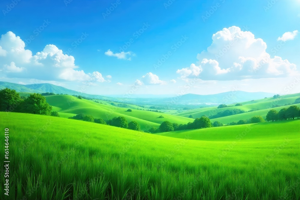 Fototapeta premium A serene, expansive landscape featuring a vast, clear sky above rolling hills and lush green fields Perfect for backgrounds requiring tranquility and natural beauty , grass, backdrop, panorama