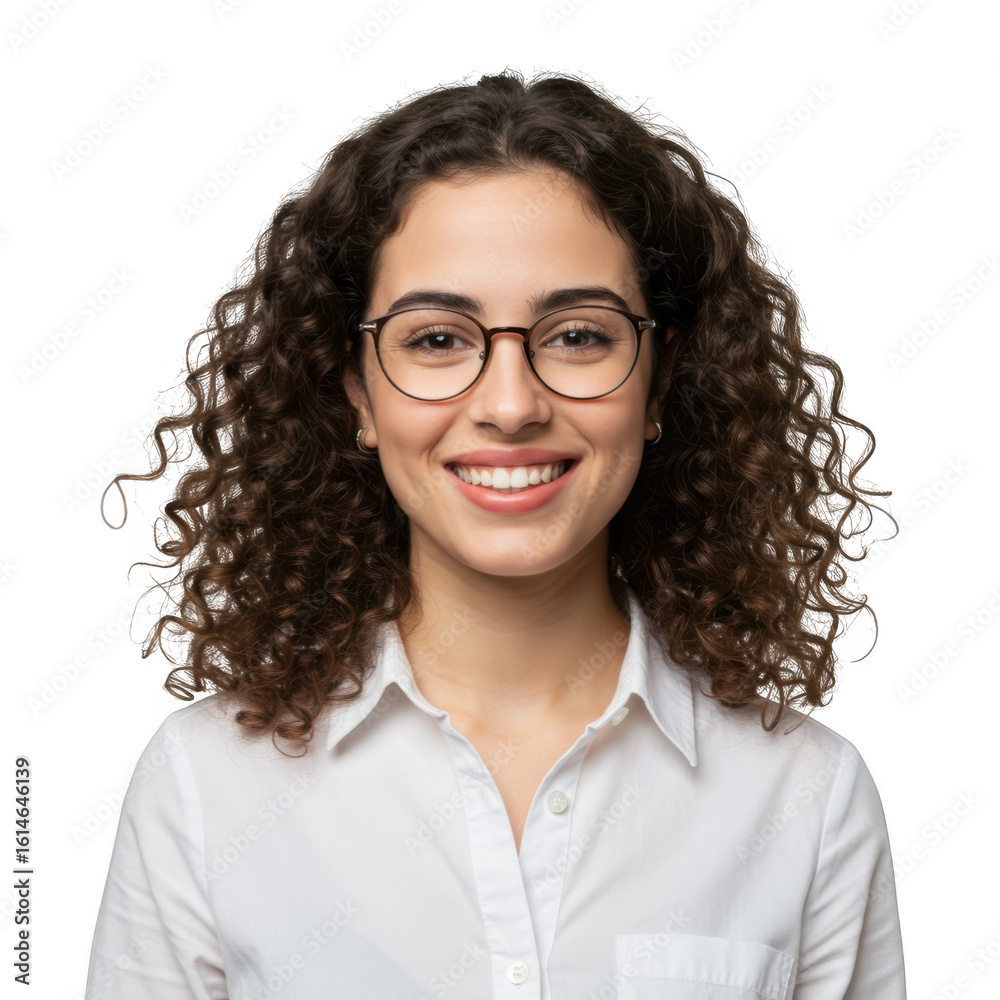 Obraz premium Smiling young woman with curly brown hair wearing glasses and a white collared shirt isolated on transparent background