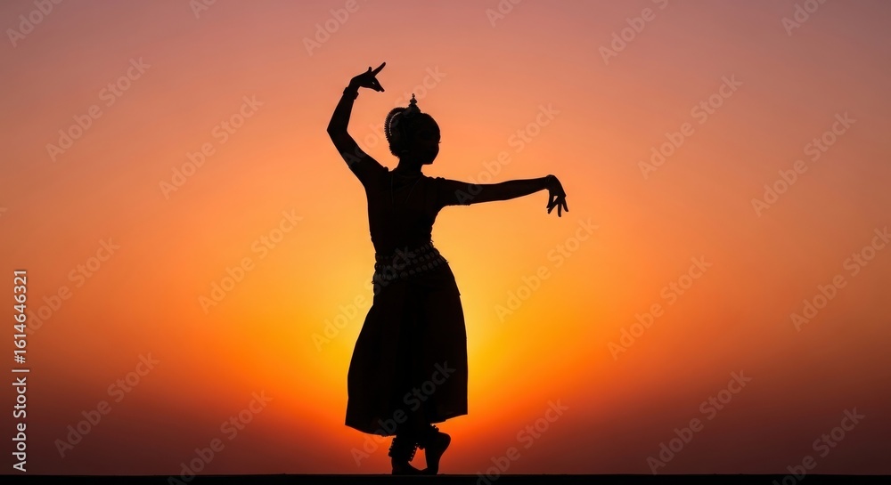 Fototapeta premium Graceful dancer performing a traditional pose against a vibrant sunset silhouette