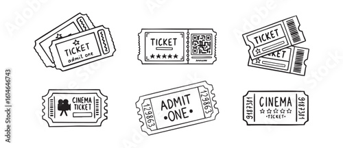  cinema ticket doodle hand drawn icon set. Outline drawing cinema ticket line clipart symbol collection