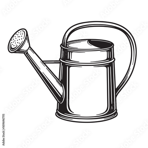 Black and white illustration of a classic gardening watering can with a sprinkler head