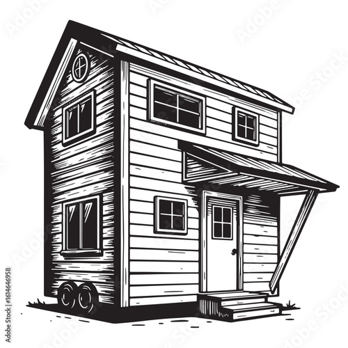 Black and white illustration of a tiny house on wheels suitable for minimalism lifestyle