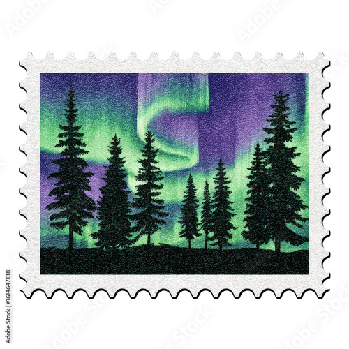Northern Lights Postage Stamp Silhouetted