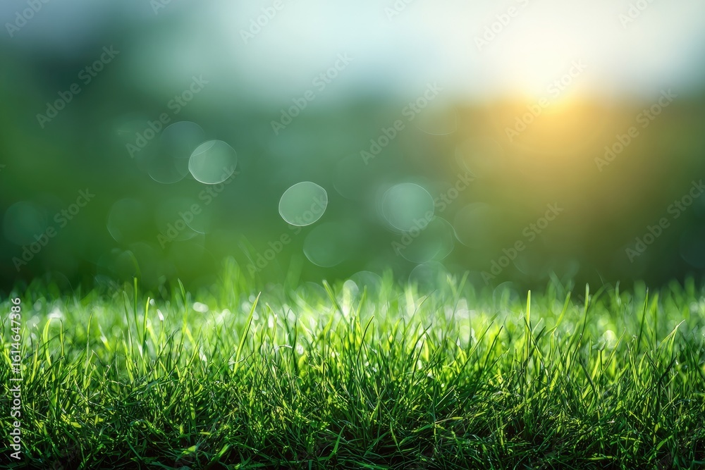 Fototapeta premium Lush green grass in soft sunlight, blurred background