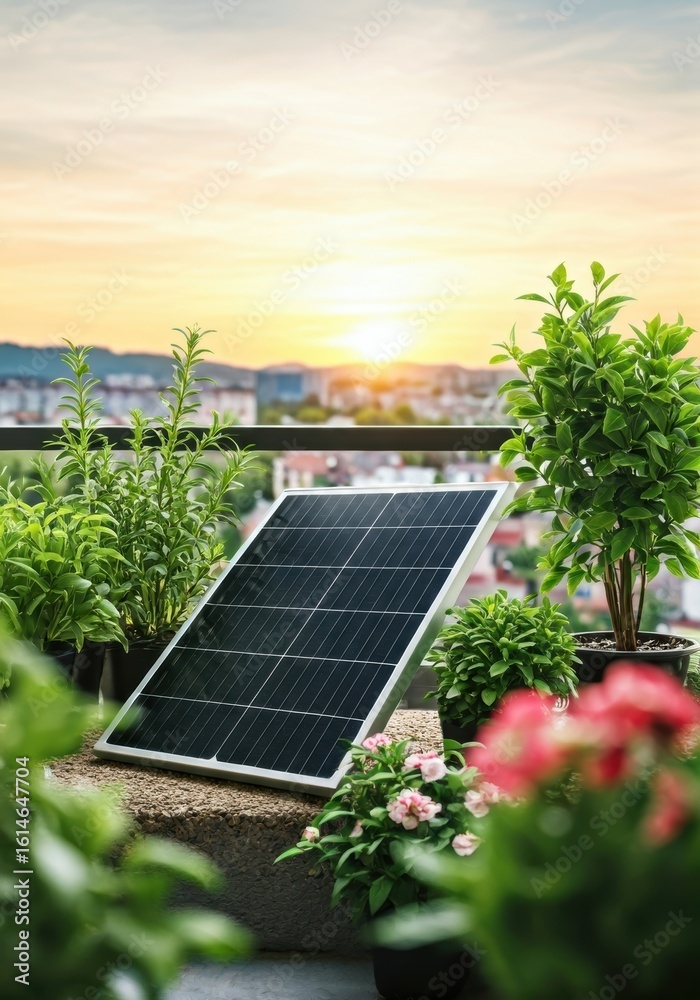 Fototapeta premium Urban Sustainability: Solar Panel Amidst Balcony Garden at Sunset, embracing green energy.