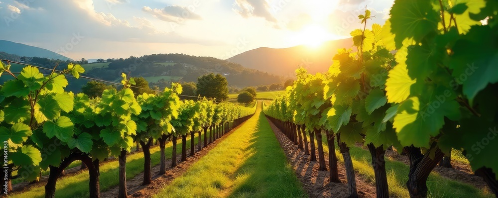 Fototapeta premium Sun-drenched vines climb a hillside, lush green leaves contrasting with rows of ripening grapes, ready for harvest A picturesque winery scene, full of natural beauty , growth, rows, landscape
