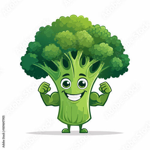 A muscle-bound broccoli shows off its biceps with a proud and goofy grin.