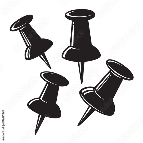 Black and white vector illustration of various stylized push pins isolated on white background