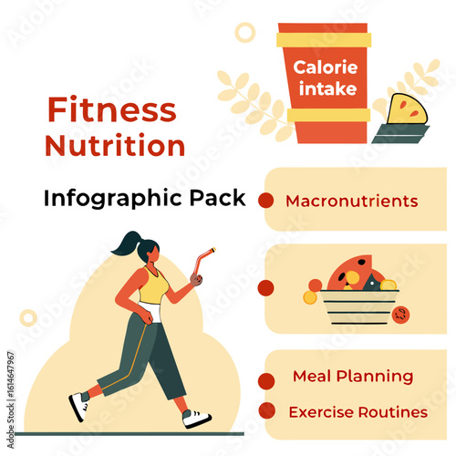 Fitness and nutrition infographic pack illustrating healthy lifestyle choices and key dietary components for a balanced life