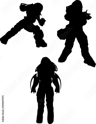 Silhouette of futuristic armored warrior in a sci-fi exosuit in powerful fighting stance. The dynamic pose reflects strength, discipline, and action, ideal for sports, fitness, or combat themes.