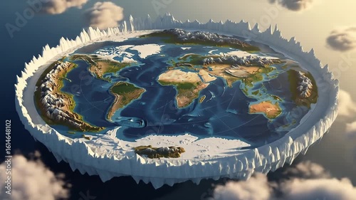 A stylized flat earth map depiction, showing continents, oceans, and an icy perimeter, viewed from above the clouds.