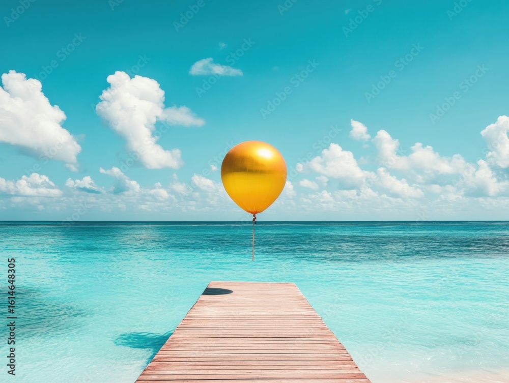 Fototapeta premium Golden balloon floating over a calm ocean from a wooden pier