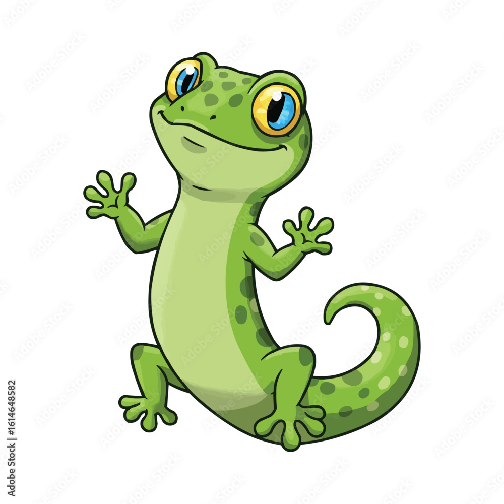 Naklejka premium Happy Cartoon Gecko Posing with Raised Arms and Smiling Face