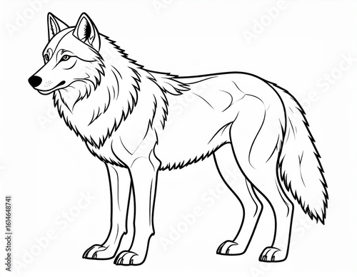 Black Outline Illustration of a Wolf: Minimalist Hand-Drawn Wild Animal Silhouette in Side View for Nature Design, Mascot Art, and Tattoo Concept on White Background
