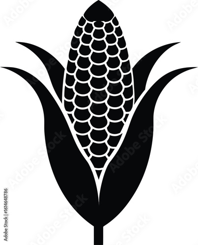 A simple corn cob with leaves silhouette & black & white corn vector art illustration. Corn cobs elements icon vector illustration
