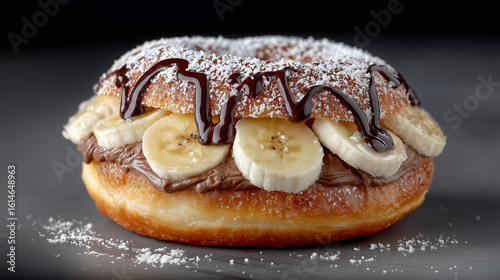 Gourmet Donut with Fresh Banana and Nutella. This image is perfect for a bakery, donut shop, or cafe to advertise a specialty or premium dessert item.